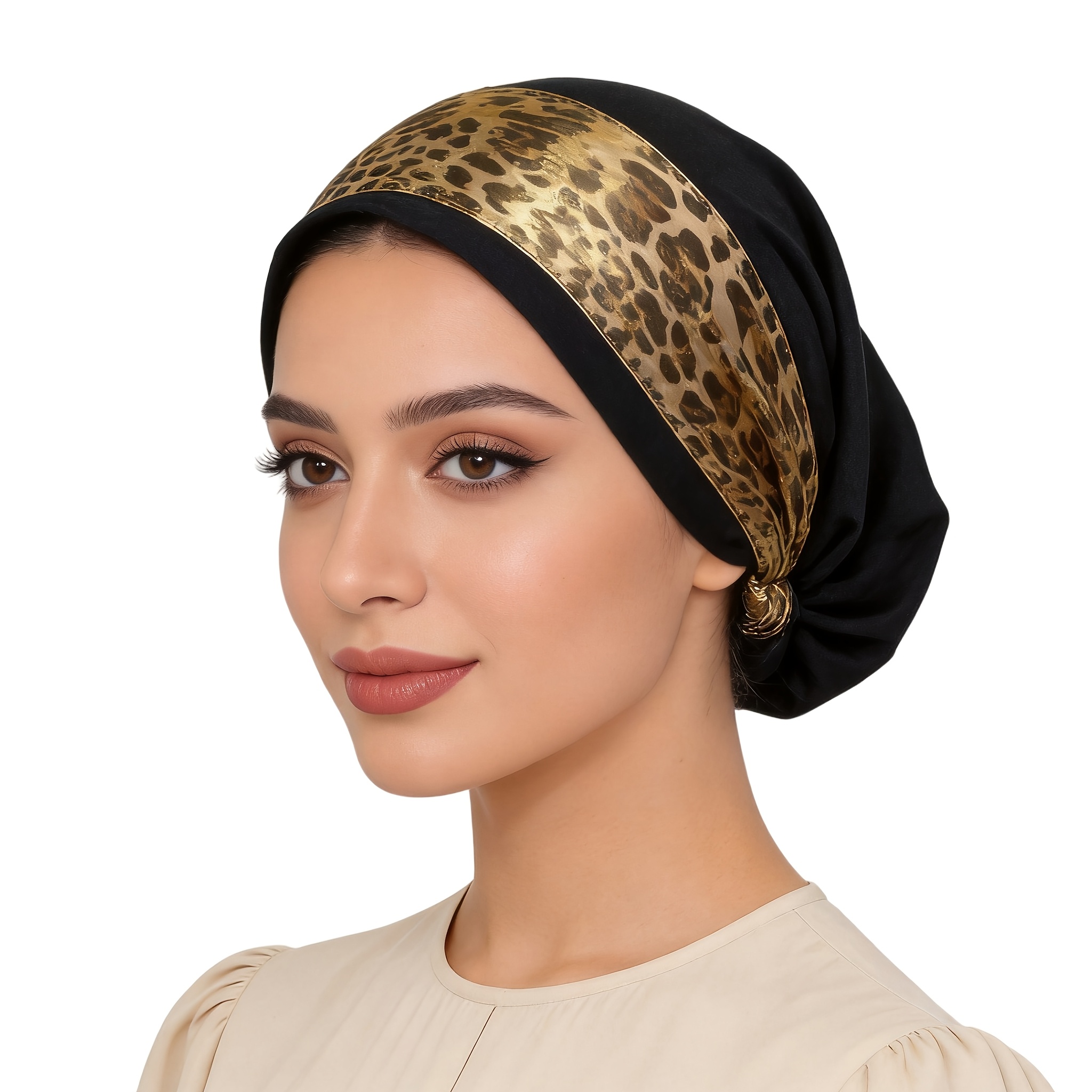 TEMU 1pc Women's -soft Autumn Winter Hijab Headscarf Hot Foil Leopard Print All-match Convenient Hat Hair Protection Dust Cover