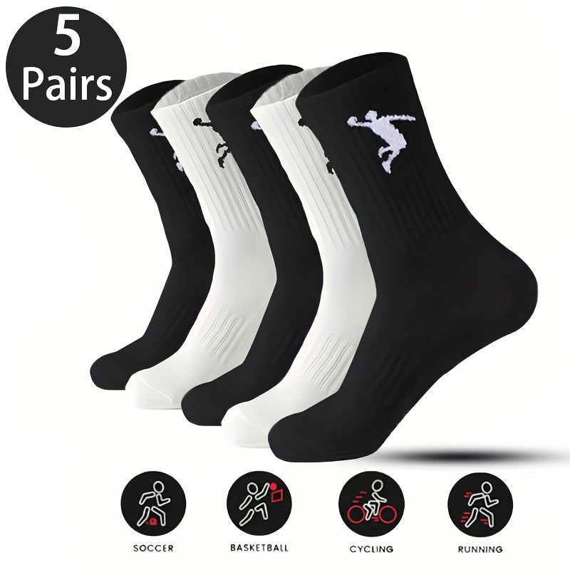 Image of Black And White 1/5 Pair Mid-calf Socks - Black And White Men's Trendy Versatile Basketball Socks