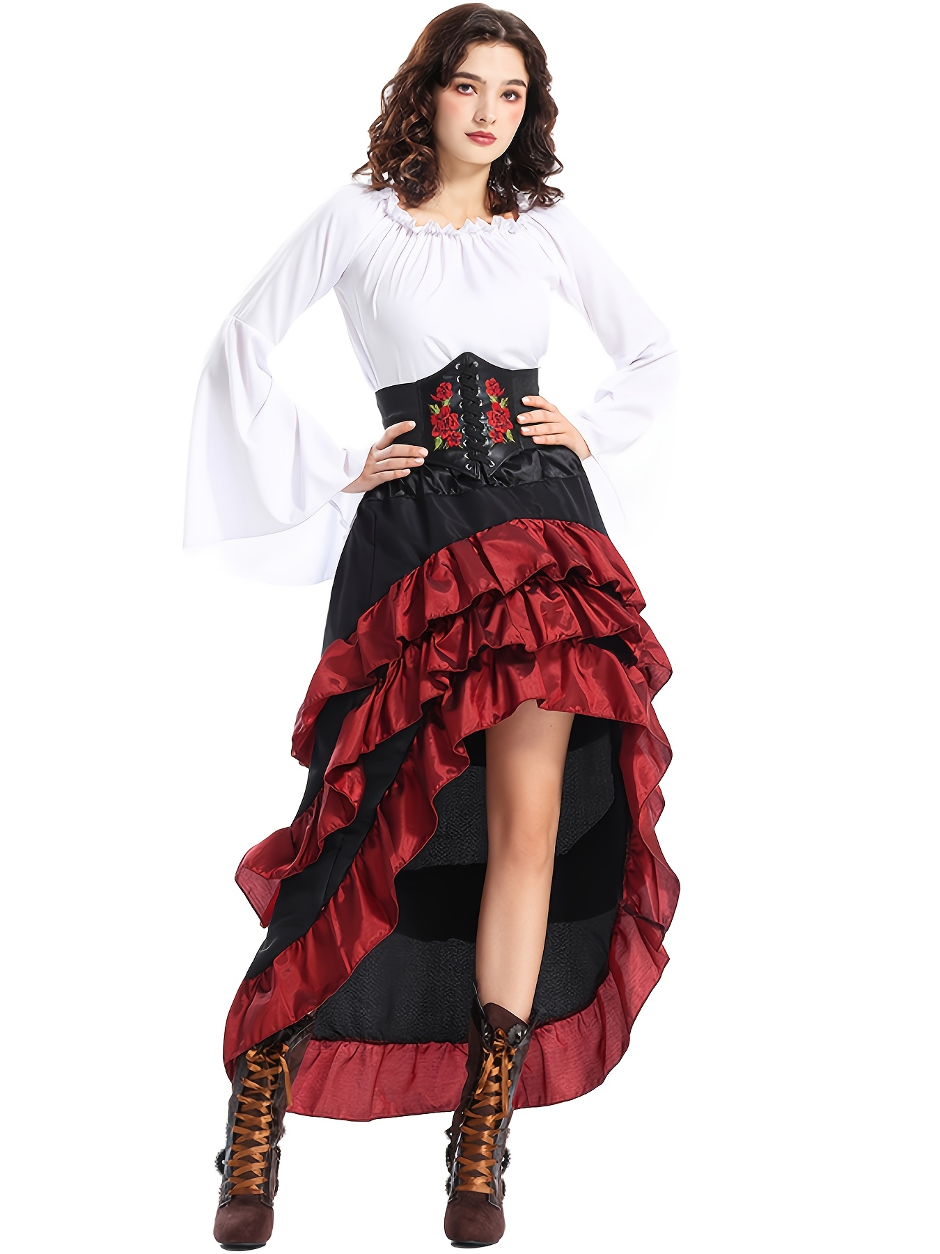 Fato de Cosplay Renascentista e Medieval para Mulher *prida com  Folhos e Cintura com Cinto Compridas Vermelha Folhos para Halloween,  Ren