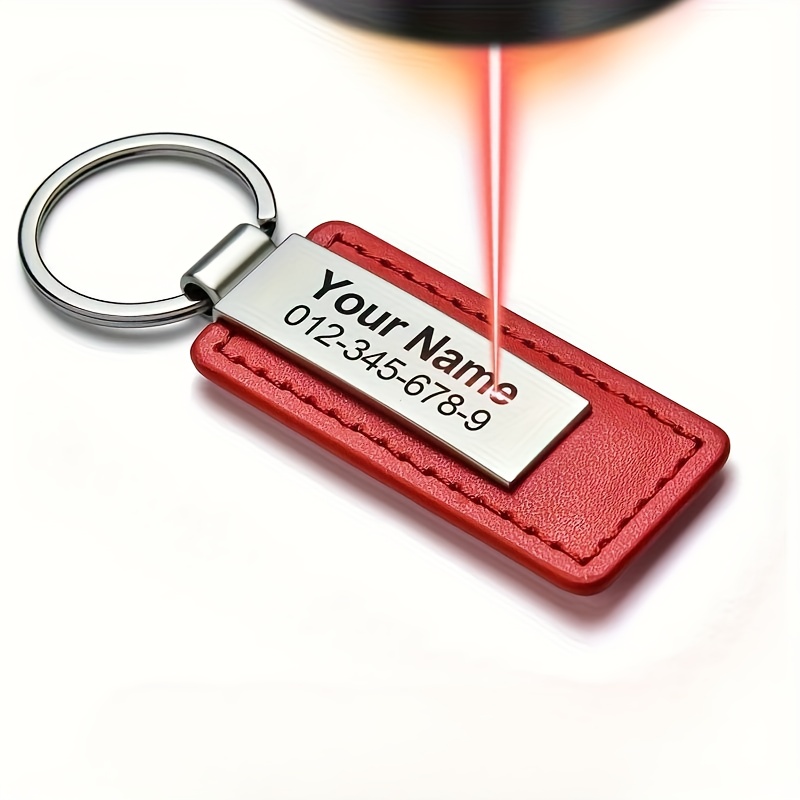 TEMU Carved Pu Leather Keychain With Stainless Steel Id Card - Customizable Men's Keychain With Name And Phone Number, Father's Day Gift, Durable Pu
