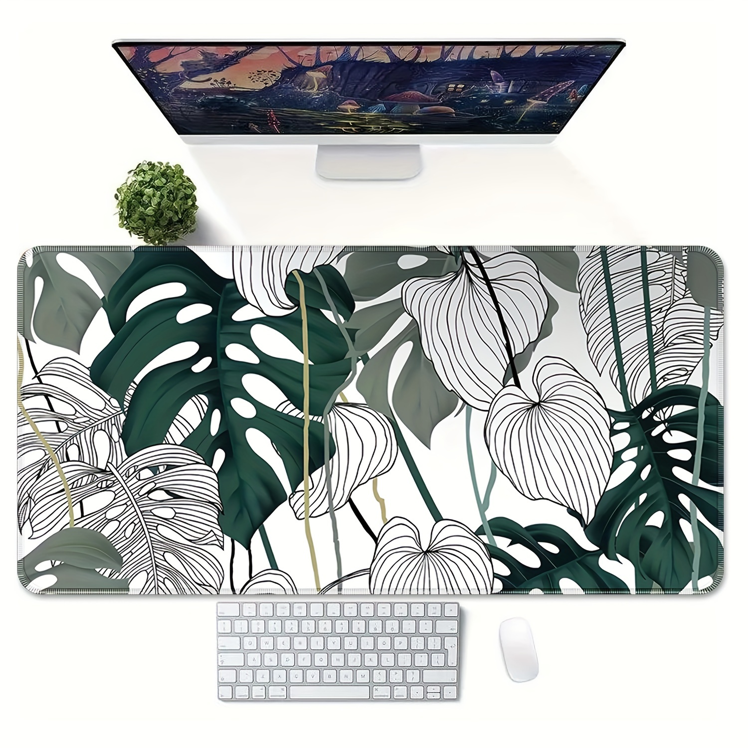 

1pc Green Leaves Large Mouse Pad Extended Desk Pad Xl Keyboard Mat Long Mousepad For Decor Non Slip Rubber Base With Suitable For Gamers, Home Office, Study, And Work