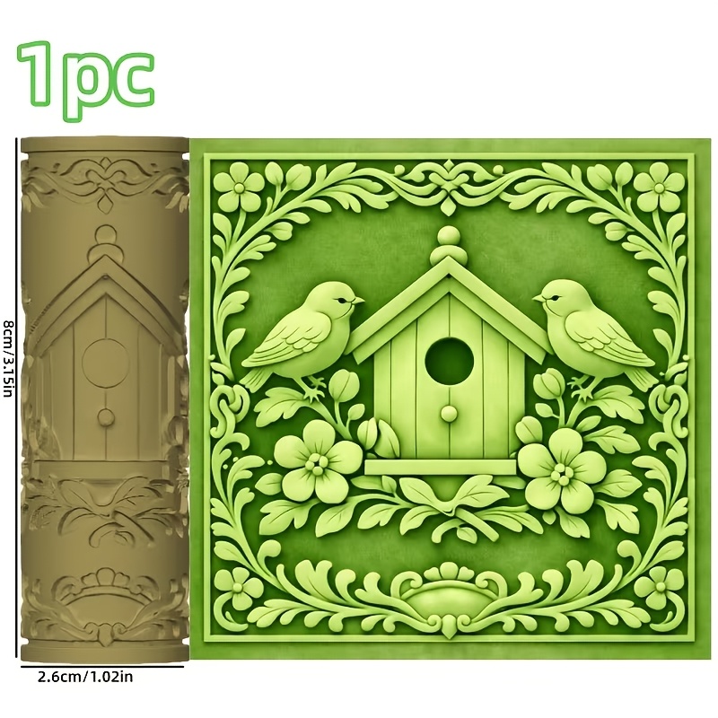 TEMU 1pc Birdhouse And Floral Texture Embossing Texture Roller - Birdhouse And Floral Texture Embossing Tool, Valentine's Day, For Ceramics, Pottery,