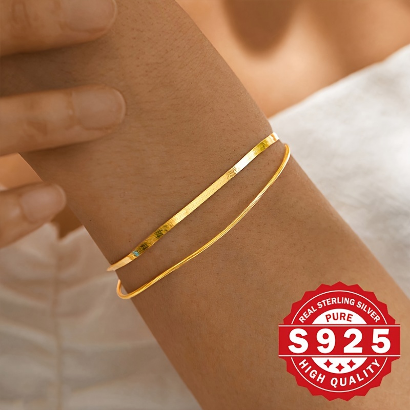 Women's S925 Sterling Silver Double Layer Blade and Round Snake Pattern Bracelet