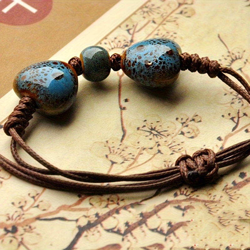 Vintage Ethnic Love Heart Ceramic Bead Bracelet Rustic Style
