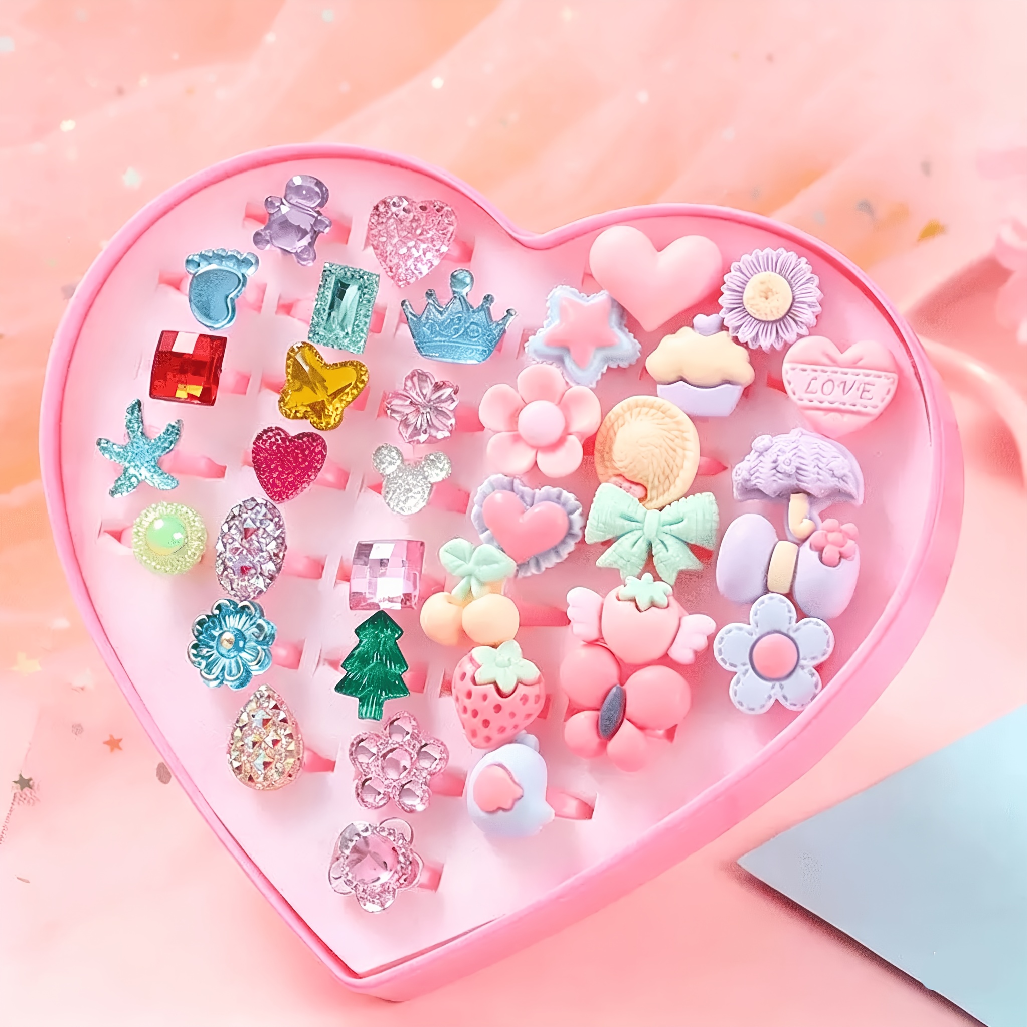 TEMU 12pcs Random Macaron Cartoon Resin Open Rings, Random Color Mixed Pattern, Adjustable Open Band, Unisex Stackable Aesthetic Party Decor Jewelry,