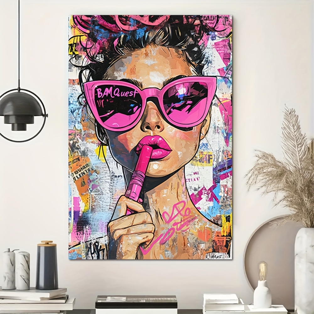 E-shop 2D-Flach, . ungerahmtes schickes Pop-Leinwandposter, coole Brillenträgerin Leinwanddruck, für Schlafzimmer Wohnzimmer Küche Wohnheim Flur,