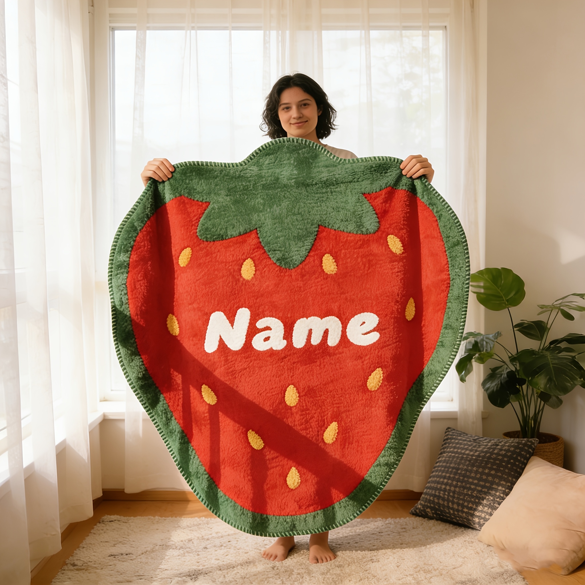 TEMU 1pc Customized Name Flannel Blanket, Special-shaped Strawberry Nap Blanket