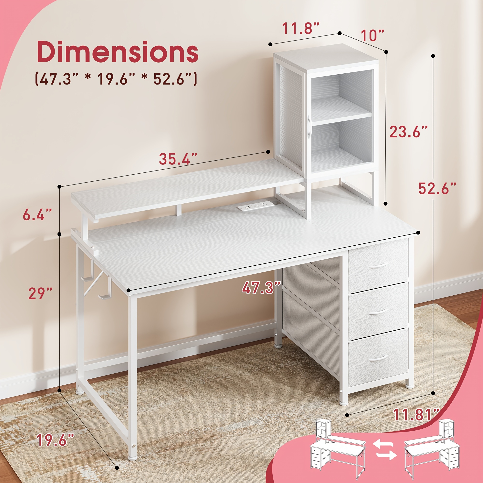 47 55 inch gaming desk with hutch cabinet to display computer desk with power outlets rgb   office desks with 3 drawers for storage monitor stand gaming table for bedroom small space
