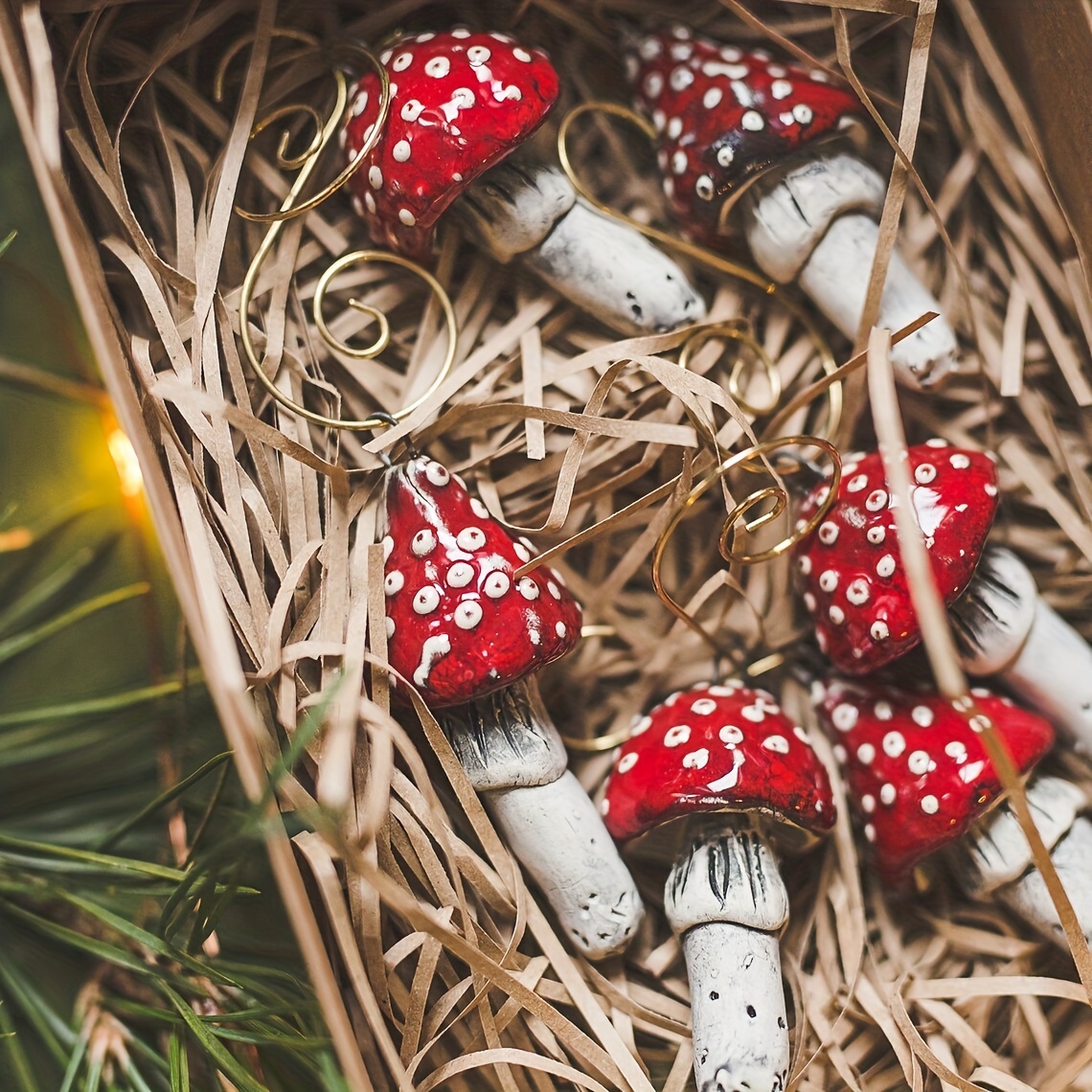 

6pcs Christmas Mushroom Ornament Set - Resin Diy Hanging Decorations For Tree, Wreath & Home Holiday Wall Decor