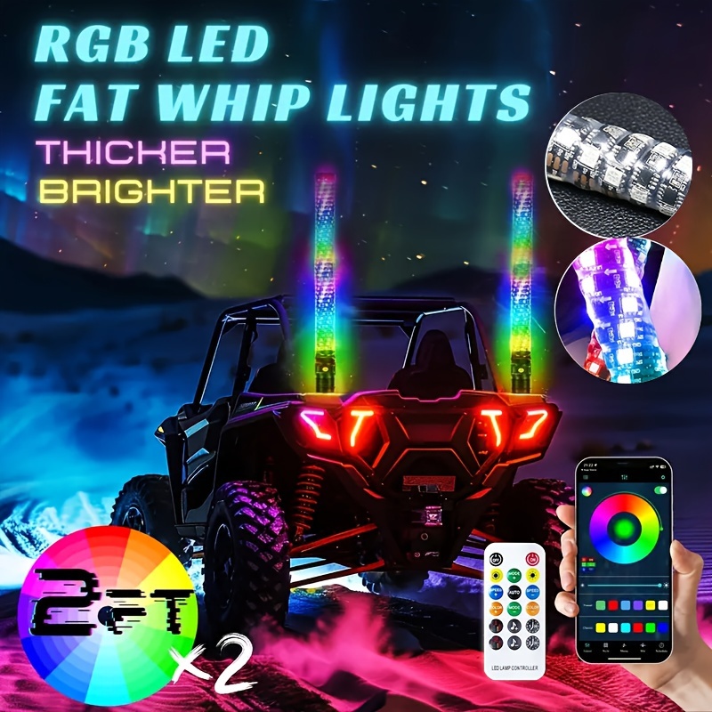 

2 Pieces Of 2ft High Rgb Led Whip Light Flagpole Remote Control And App Control Color Changing Light Spiral Rgb Light Antenna Whip Music Whip Light, Suitable For Utv Atv Rzr Sxs Can Am Off-road Truck