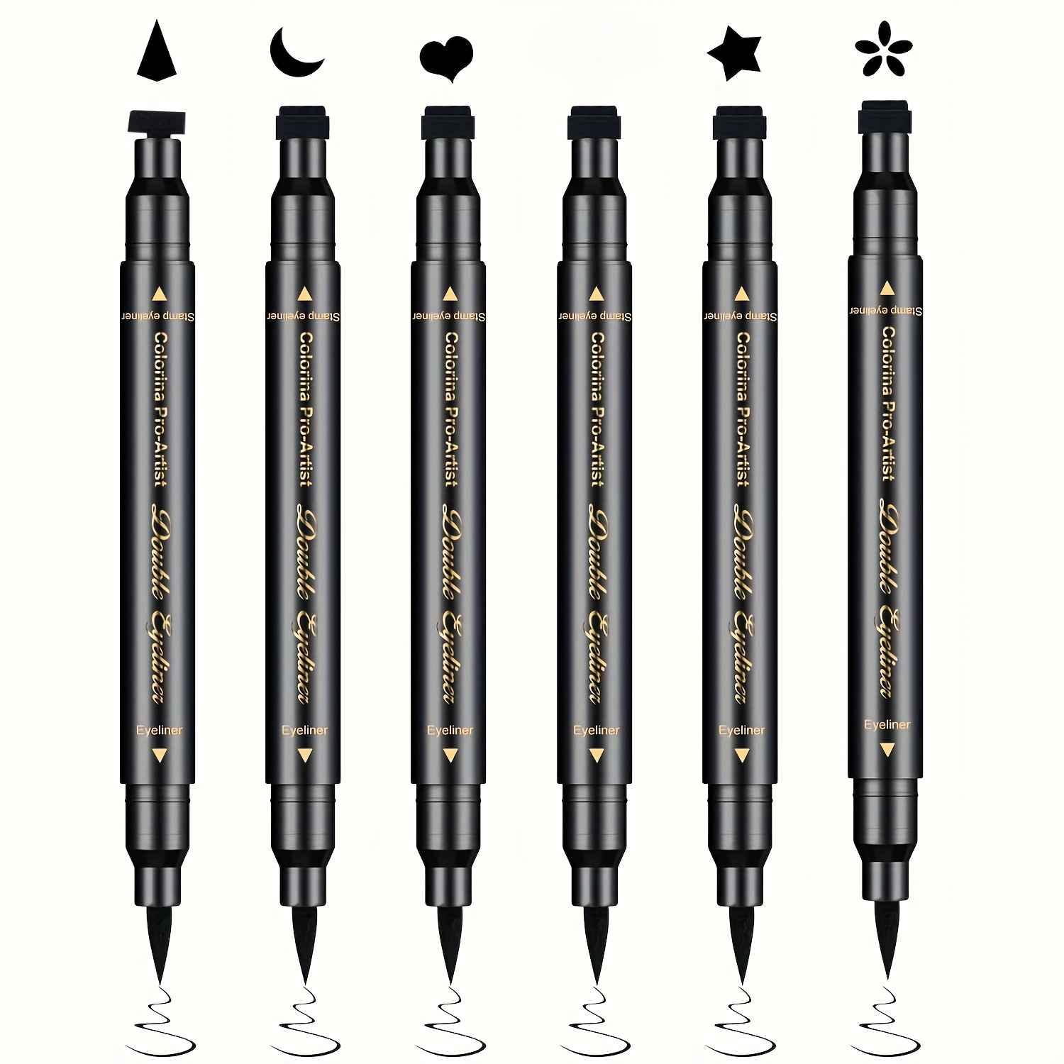 

6 Pcs Liquid Eyeliner Set, Double-ended Waterproof Smudge-proof Eyeliner Stamp Pen Eyeliner Tattoo Tool Makeup, With Face Triangle Heart Star Moon Flower Pattern