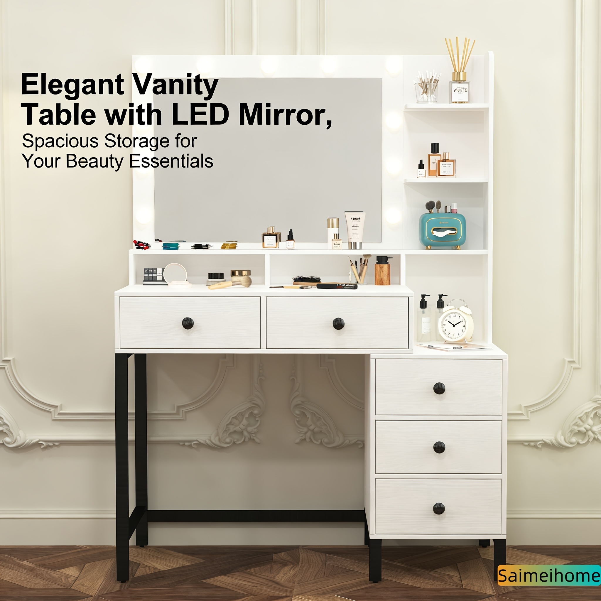 Spring New Vanity Desk, Hd Mirror Design, Multi-drawer Large Storage, Detachable Assembly, With Paste-on Led Light, For Bedroom