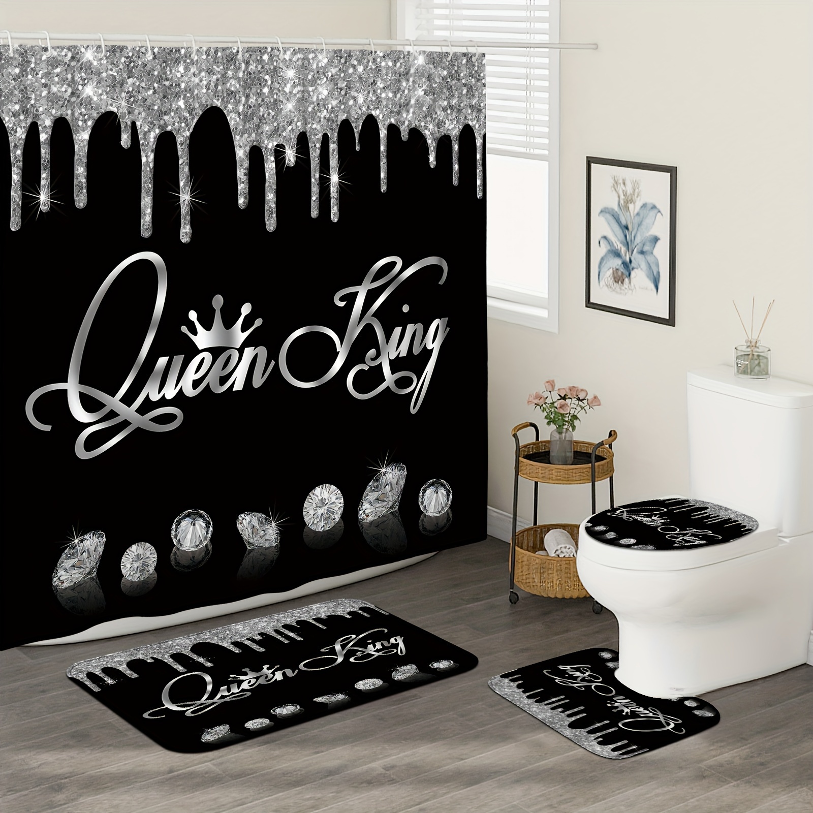 

1/4pcs Black And And Queen Shower Curtain Set, Bathroom Rug, U-shaped Mat, Toilet Seat Mat, Polyester Fabric, 180×180cm Waterproof Shower Curtain With 12 Hooks, Suitable For Bathroom Bathtub Decor