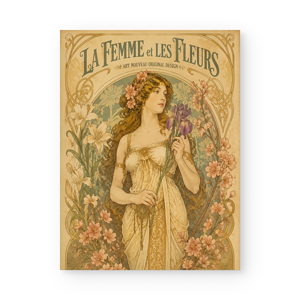 TEMU Affiche et impression 2D plate, cadre, sur toile, art mural style , beauté florale, affiche murale vintage en tonalité , illustration , dame aux