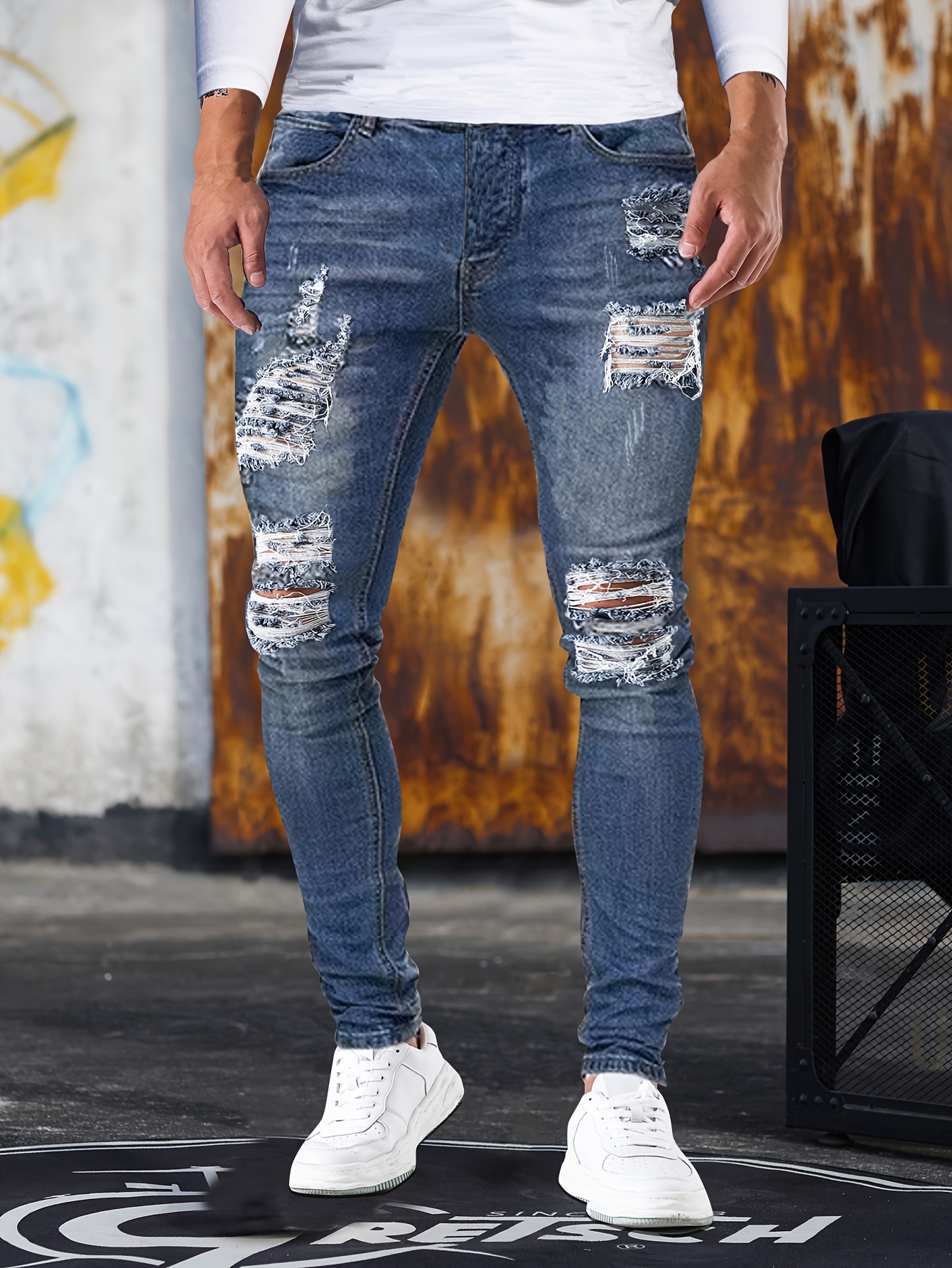 Ripped Jeans Denim Outfit Men *'s Distressed Stretch Skinny Jeans