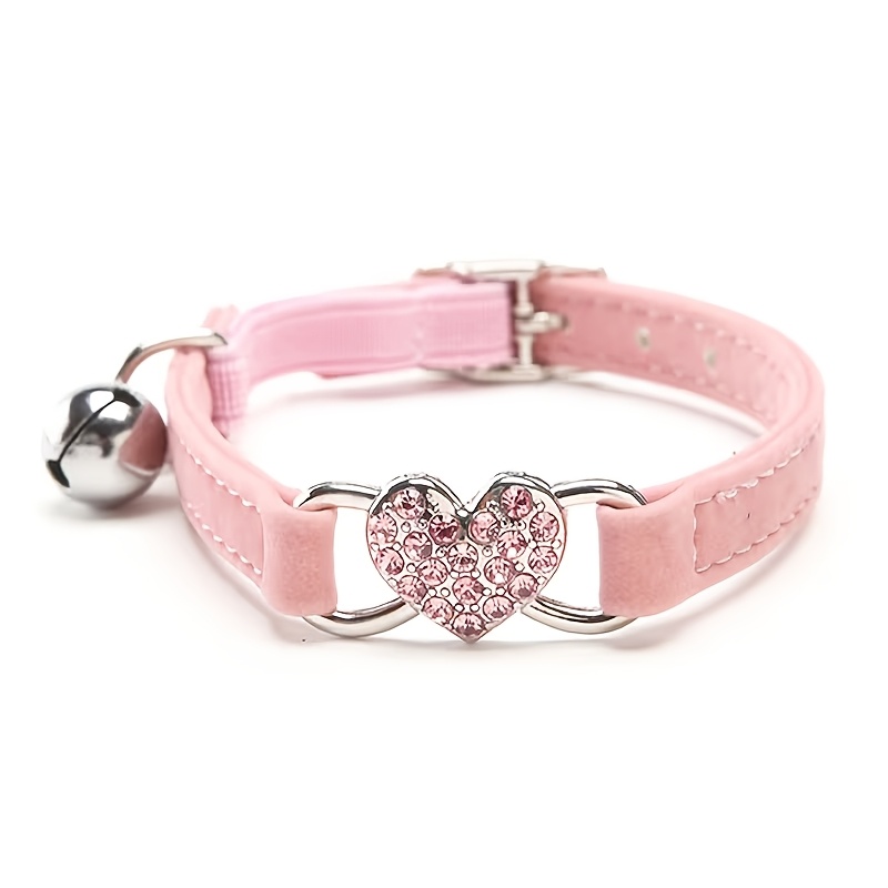 haustierhalsband mit strass-herz beflockter oberfläche, katzenhalsband mit pfirsichfarbener herzglocke, katzenhalskette, katzenhalsband