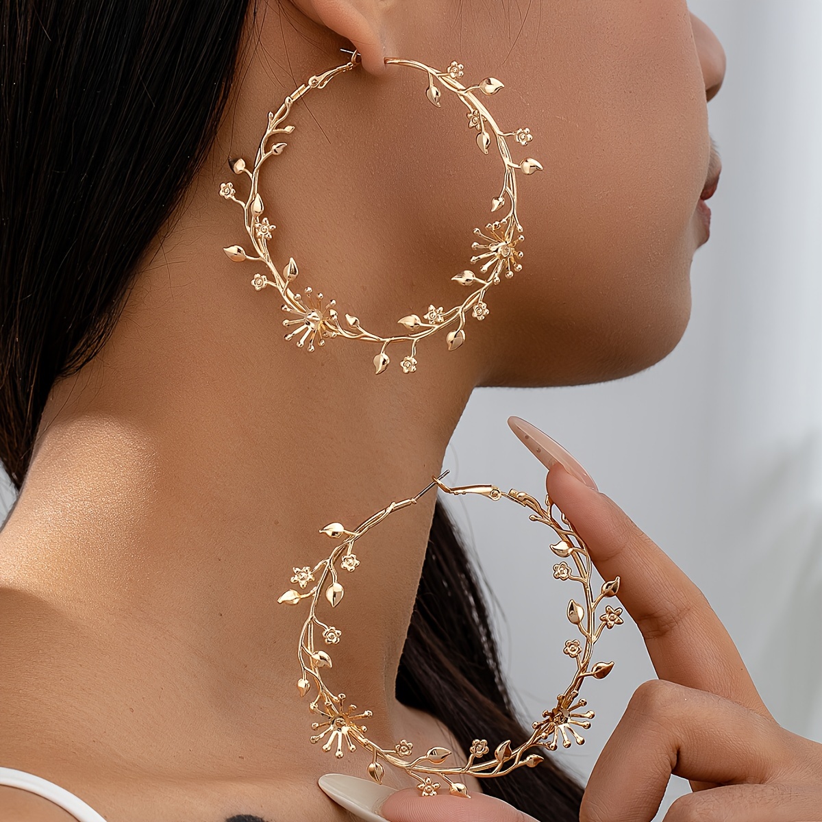 vintage floral vine hoop earrings large statement golden circle with leaf accents sweet spicy elegant retro fashion dangle earrings for women details 2