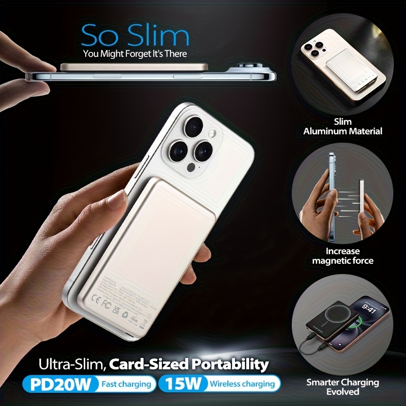 Image of Enegon 5000mah Wireless Magnetic Power Bank, Aluminum Alloy, Ultra-thin, , With Battery Led Display, Compatible With Iphone 17/16/15/14/13/12 Pro Max, External Backup Battery Pack, Gift