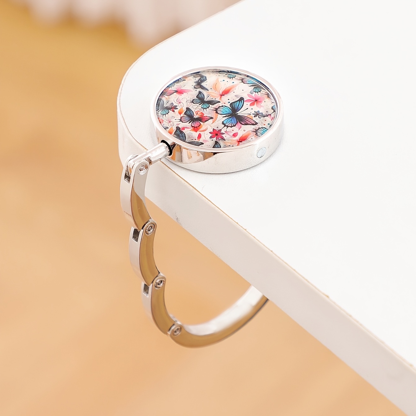 TEMU Gancho de escritorio 2D, 1 pieza, con estampado vintage 2D de y floral, colgador de bolso de metal plegable y portátil, gancho para bolso de de