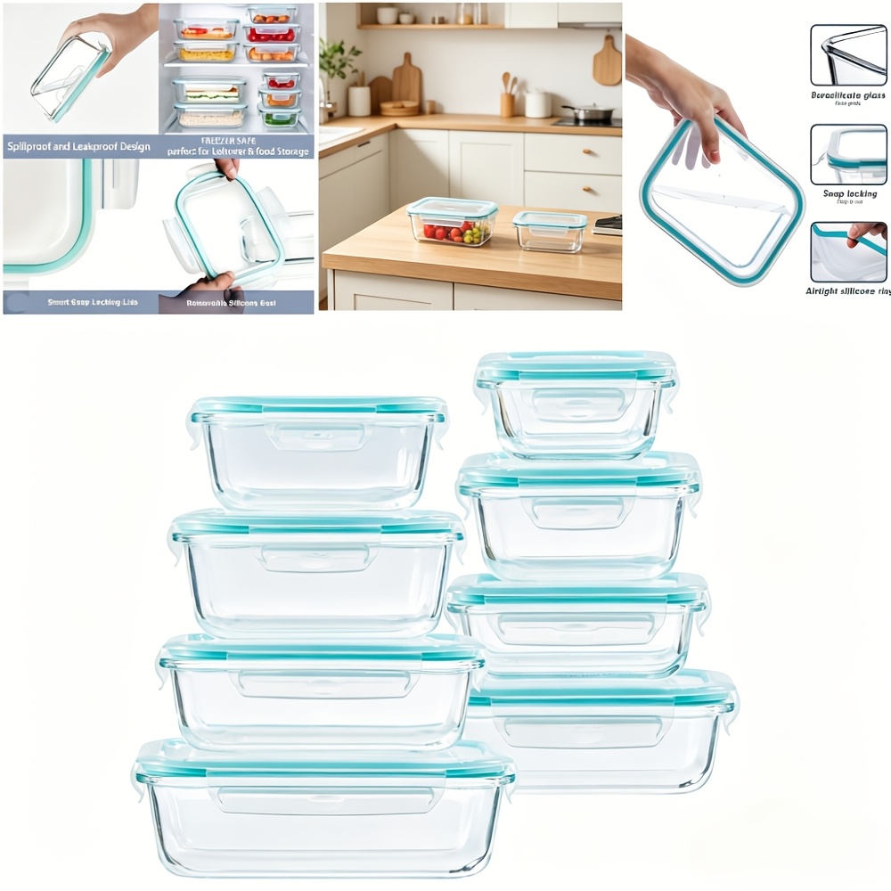 TEMU 16 boîtes de conservation alimentaire en verre avec couvercles - Ensemble de préparation de repas en verre - Séparateur d'aliments à couvercle -