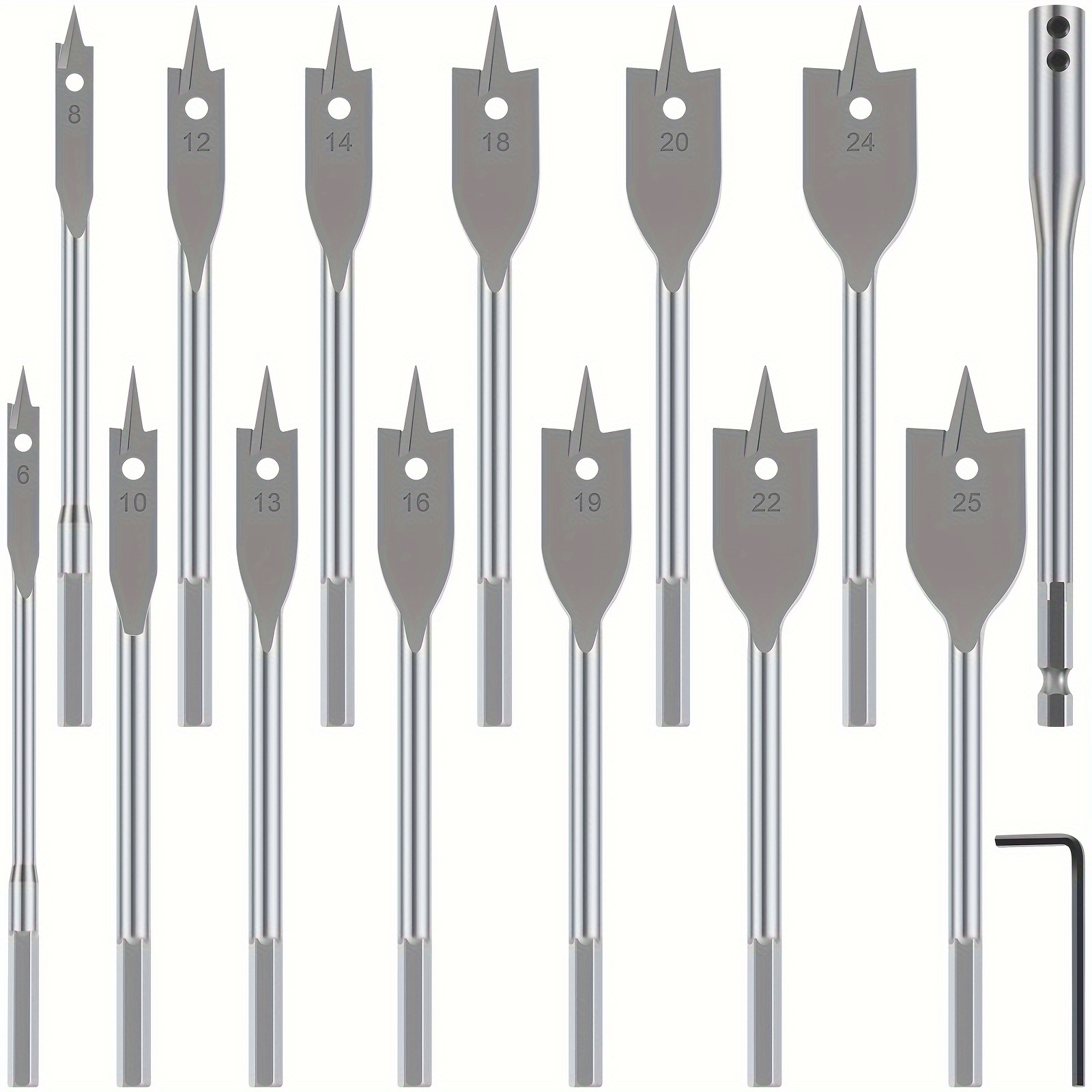 

15pcs Spade Drill Bit Set, 6mm-25mm Carbon Steel Paddle Flat Bit Set With Connection Rod And Wrench High Hardness Wood Hole Cutter Bit Assortment For Woodworking Drilling