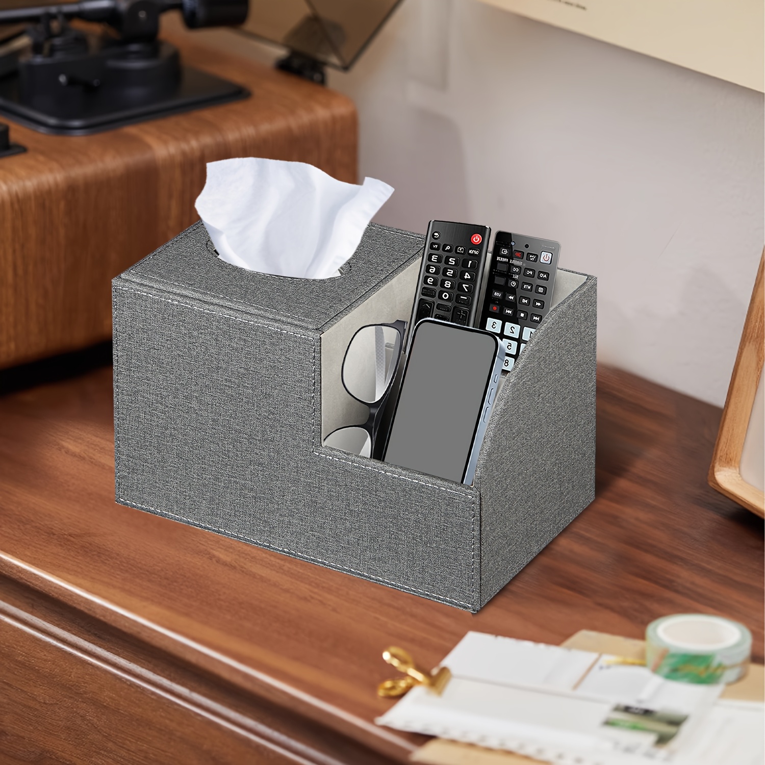 multifunctional square tissue box cover with remote control holder   leather decorative napkin tissue box holder remote caddy cube desktop organizer storage box for vanity toilet office bedroom living room and bathroom decorative accessory Product details 4