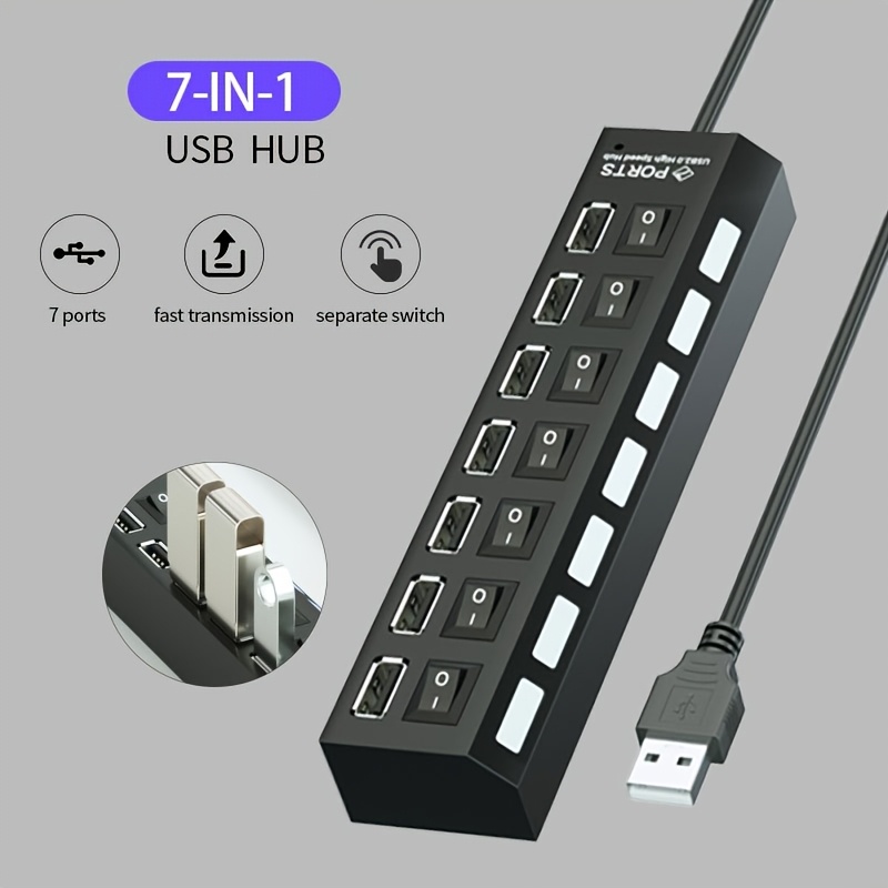 

7-port Led Usb With Power For Switch - 2.0 Adapter, Multi-extender Splitter For Laptops, Phones, Tablets, Keyboards, Mice, Hard Drives