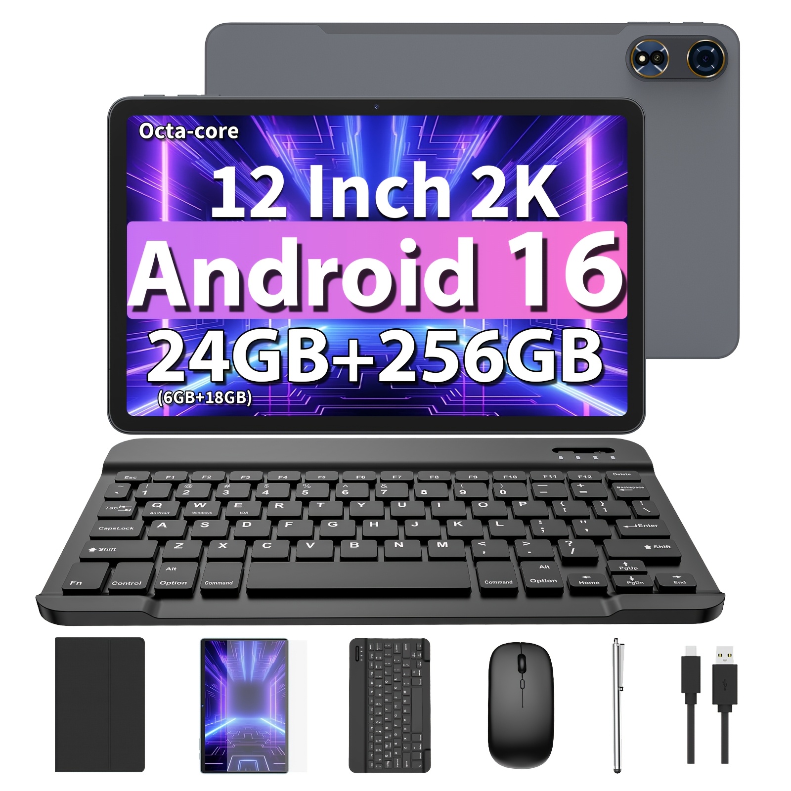 TEMU Tableta 16, Tableta de 12 pulgadas con teclado, 24 GB (8 GB + 16 GB) RAM + 256 GB ROM, CPU de , Pantalla IPS 2K, Tableta con ratón sin varillas,
