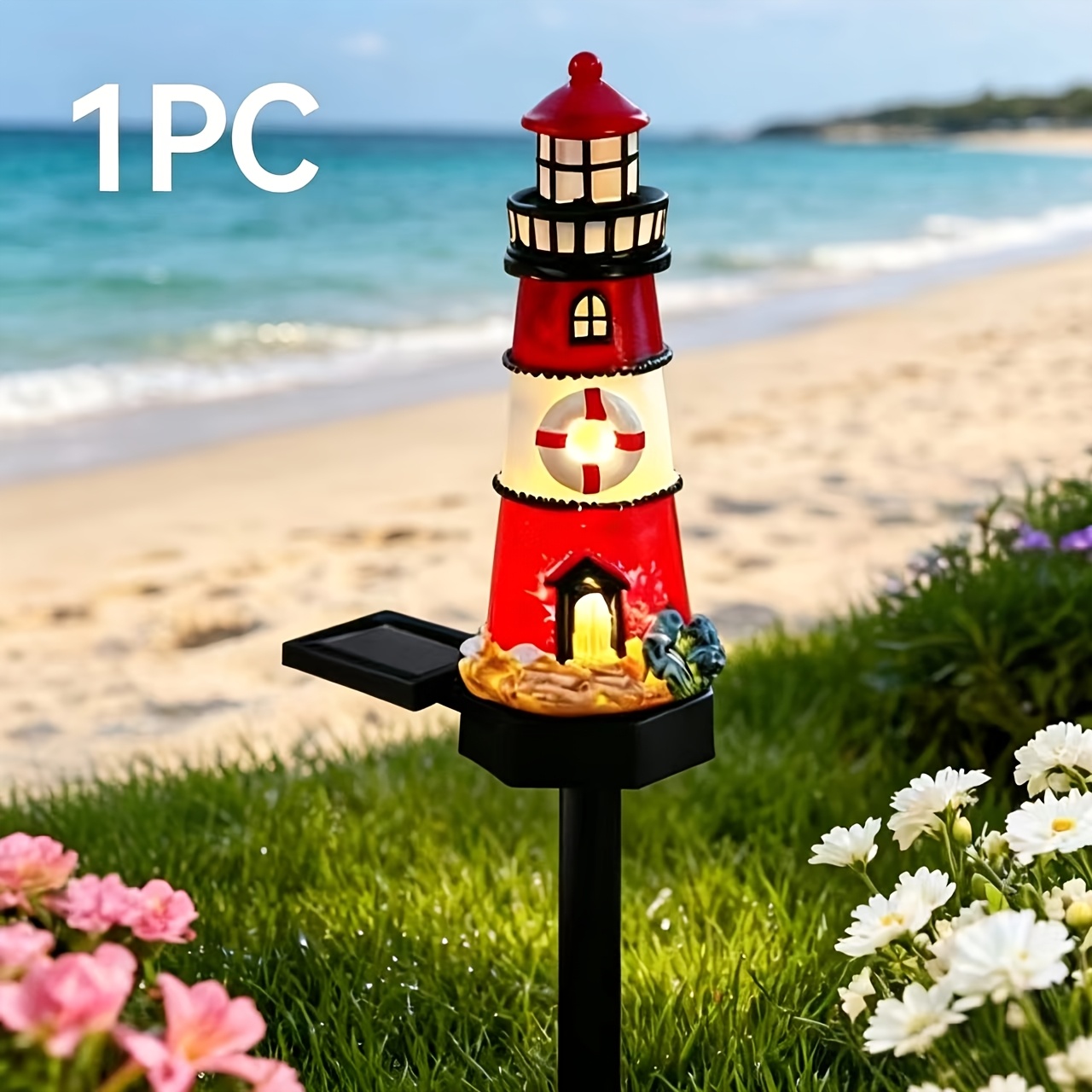 TEMU Lampe solaire d'extérieur de phare - Artisanat en résine/Lumière décorative d'extérieur pour jardin et cour