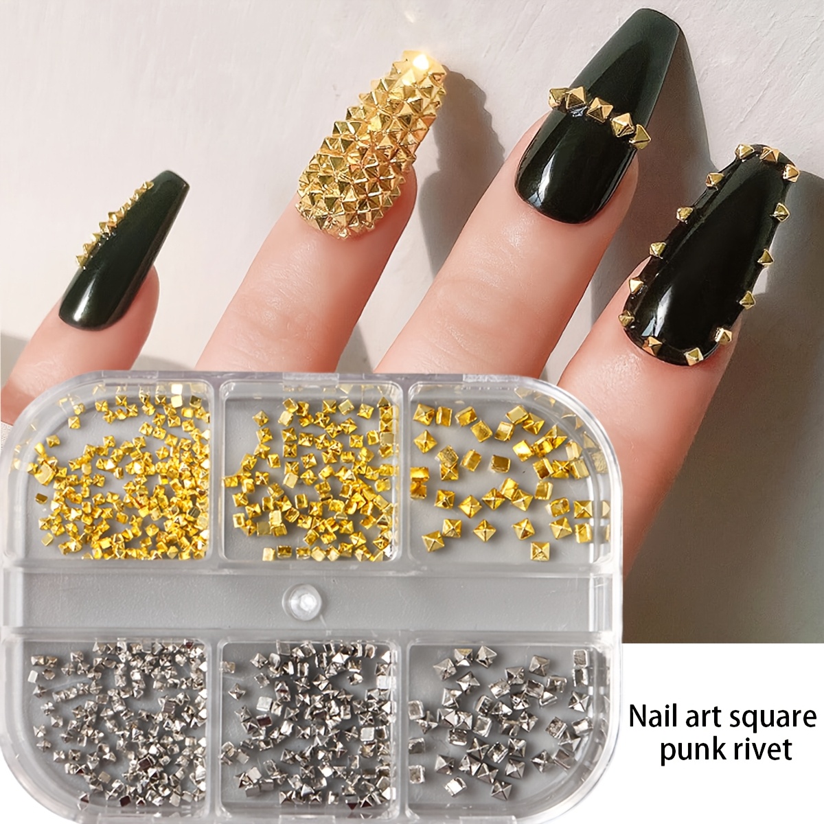 

Mini Metal Rivet Charms In Golden, Black, And Silvery, As Square For Acrylic Nails. Punk-style Nail And Spikes Are Women's Nail Art.