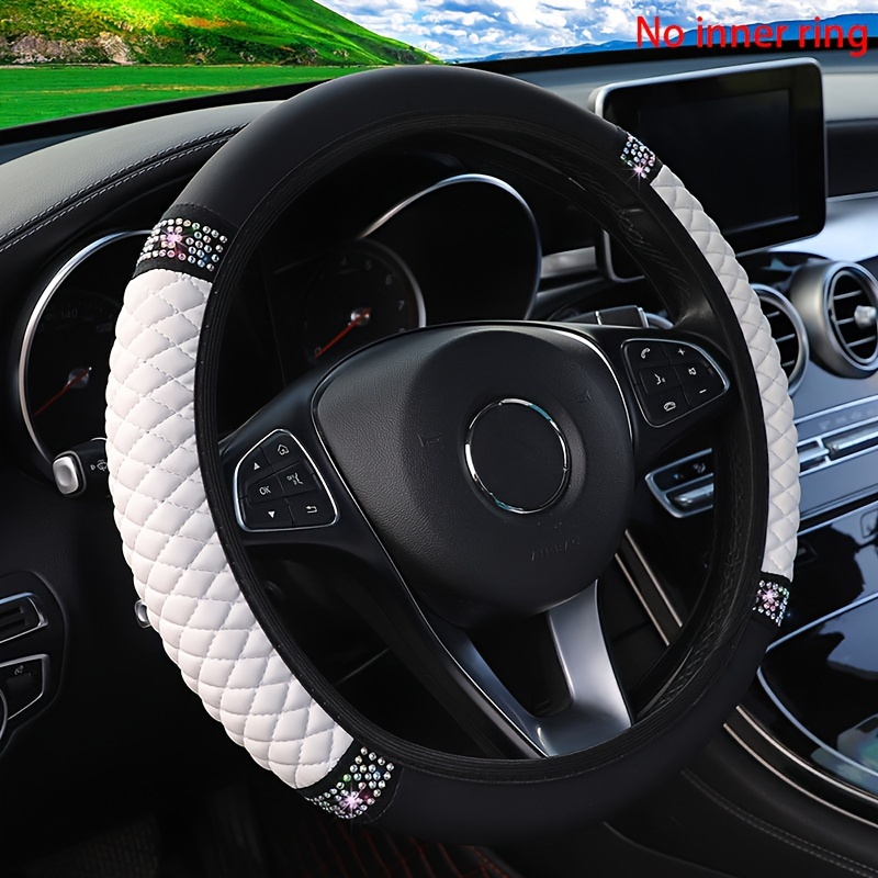 

Luxury Embroidered Pu Leather Steering Wheel Cover With Sparkling Rhinestones - No Inner Ring Needed