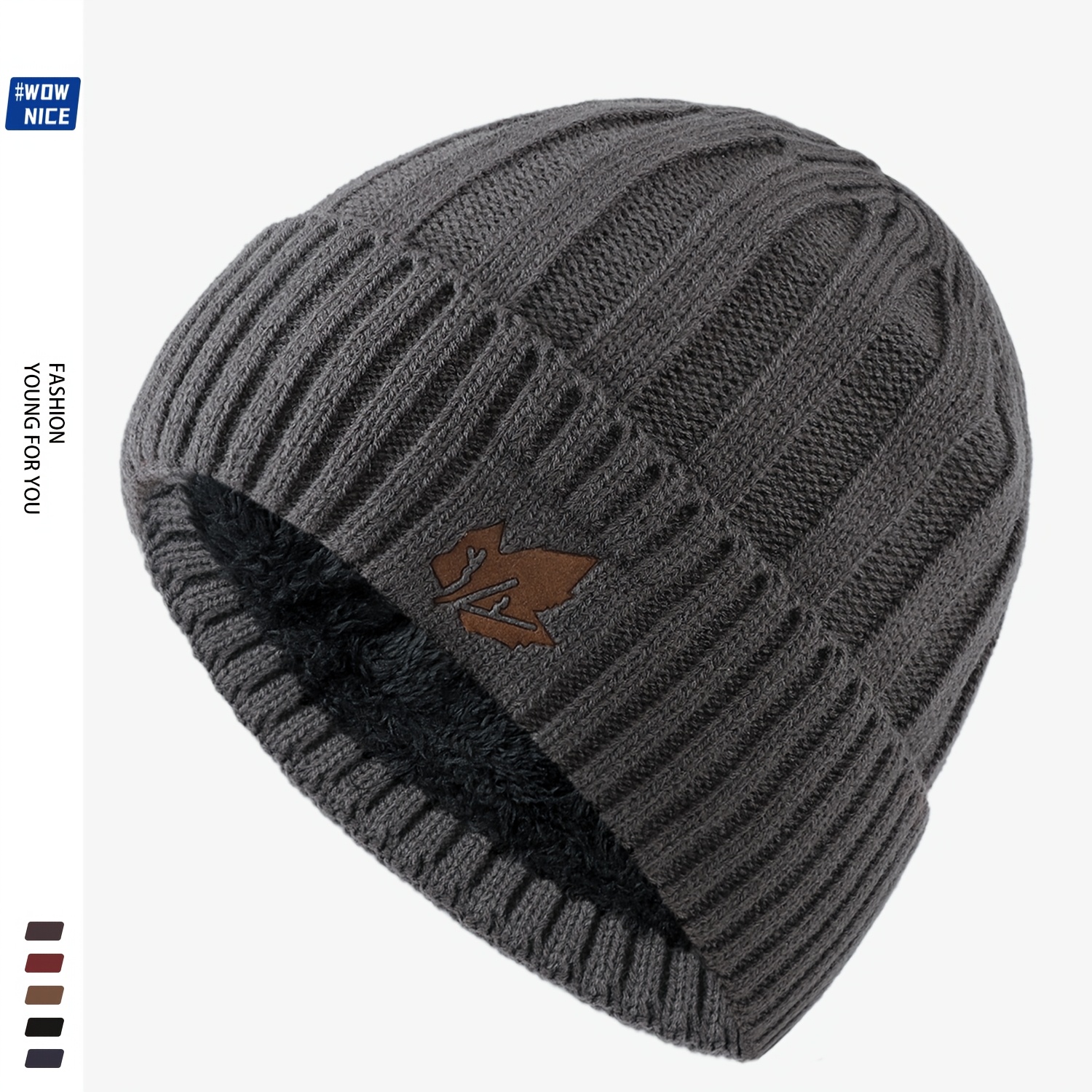TEMU Outdoor Cold-proof Thick Brimless Beanie, Men And Women Winter Warm Brimless Hat Fleece-lined Thickened, Black Gray Skull Cap, Fashionable Leaf