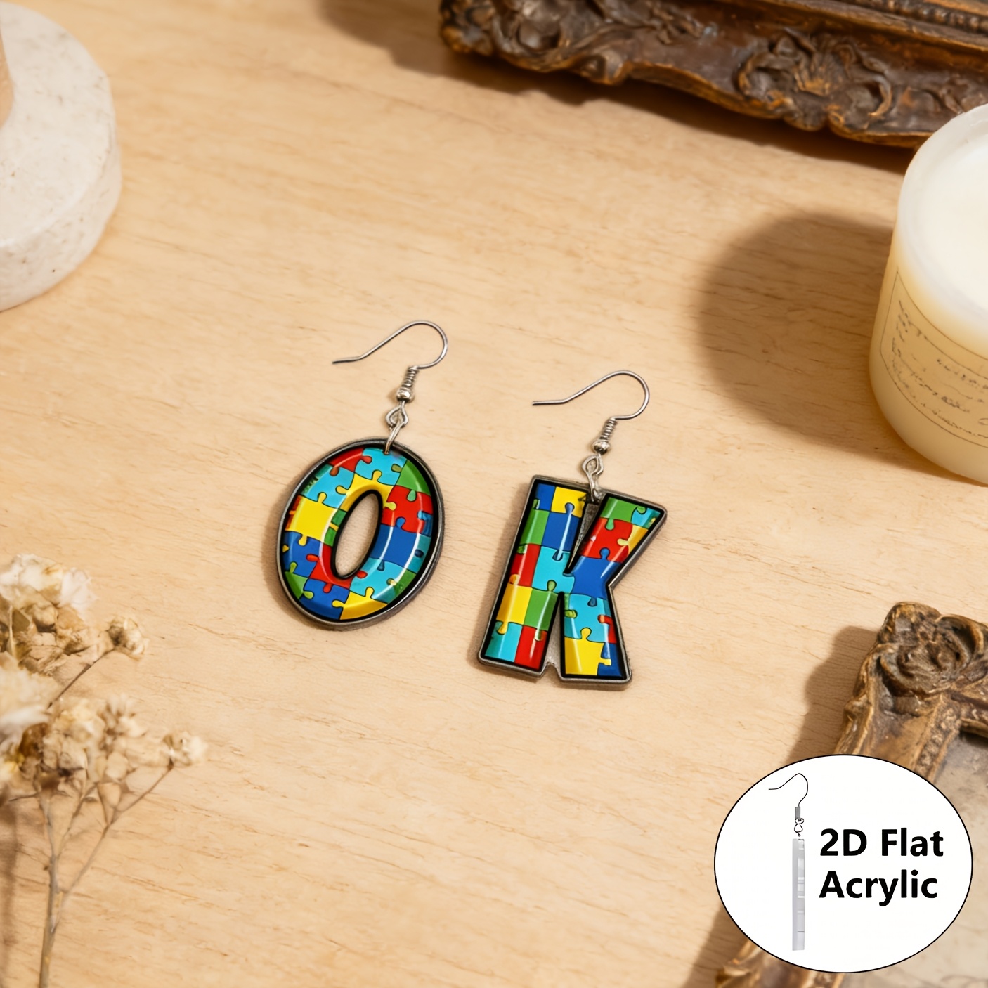 Cute "OK" Autism Puzzle Acrylic Cartoon Earrings