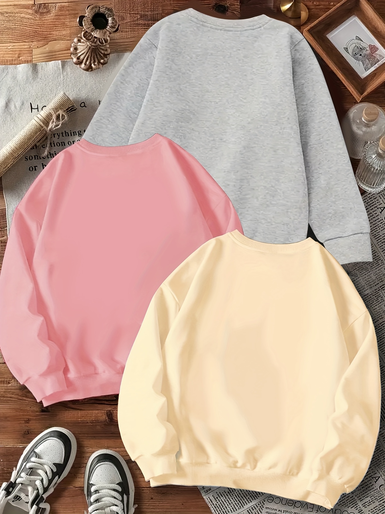 3-delige set glanzende imitatie diamantprint sweatshirts voor meisjes