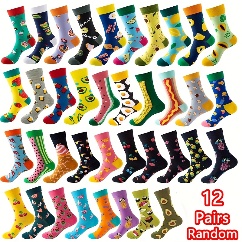 TEMU Random 6/12 Pairs Men Women And Vegetable Pattern Mid-calf Socks Spring Summer Autumn Winter Wearable Watermelon Orange Cherry Pineapple Fun
