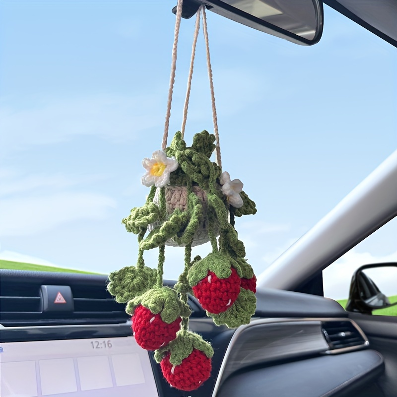 

Cute Strawberry Crochet Car Mirror Charm - Hand-knitted Potted Plant Hanging Decor For Vehicle Interior