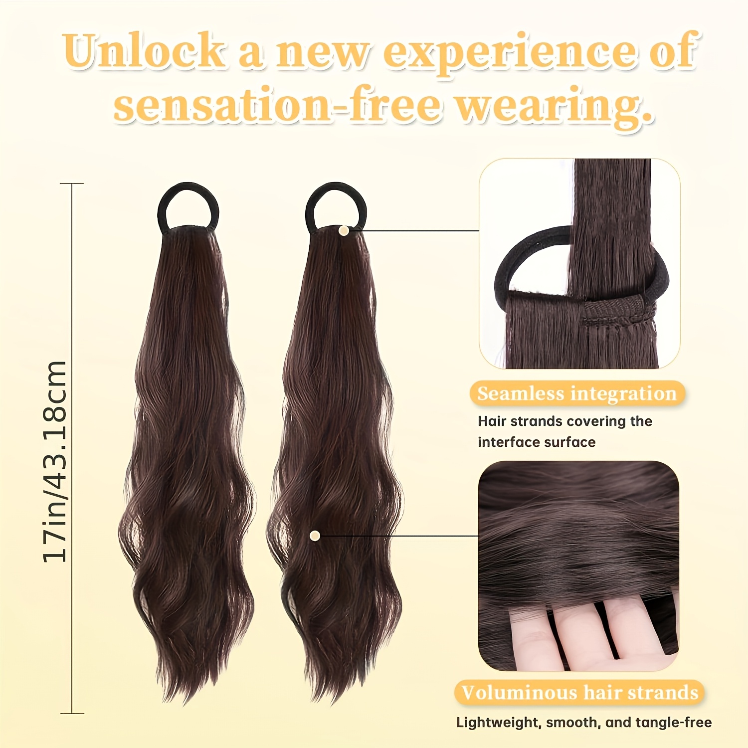 2pcs curly ponytail extension with elastic tie 17 inch resistant synthetic natural wavy hairpiece pony tail hair extensions wave   ponytail hairpieces for women daily wear   music festival brown details 2