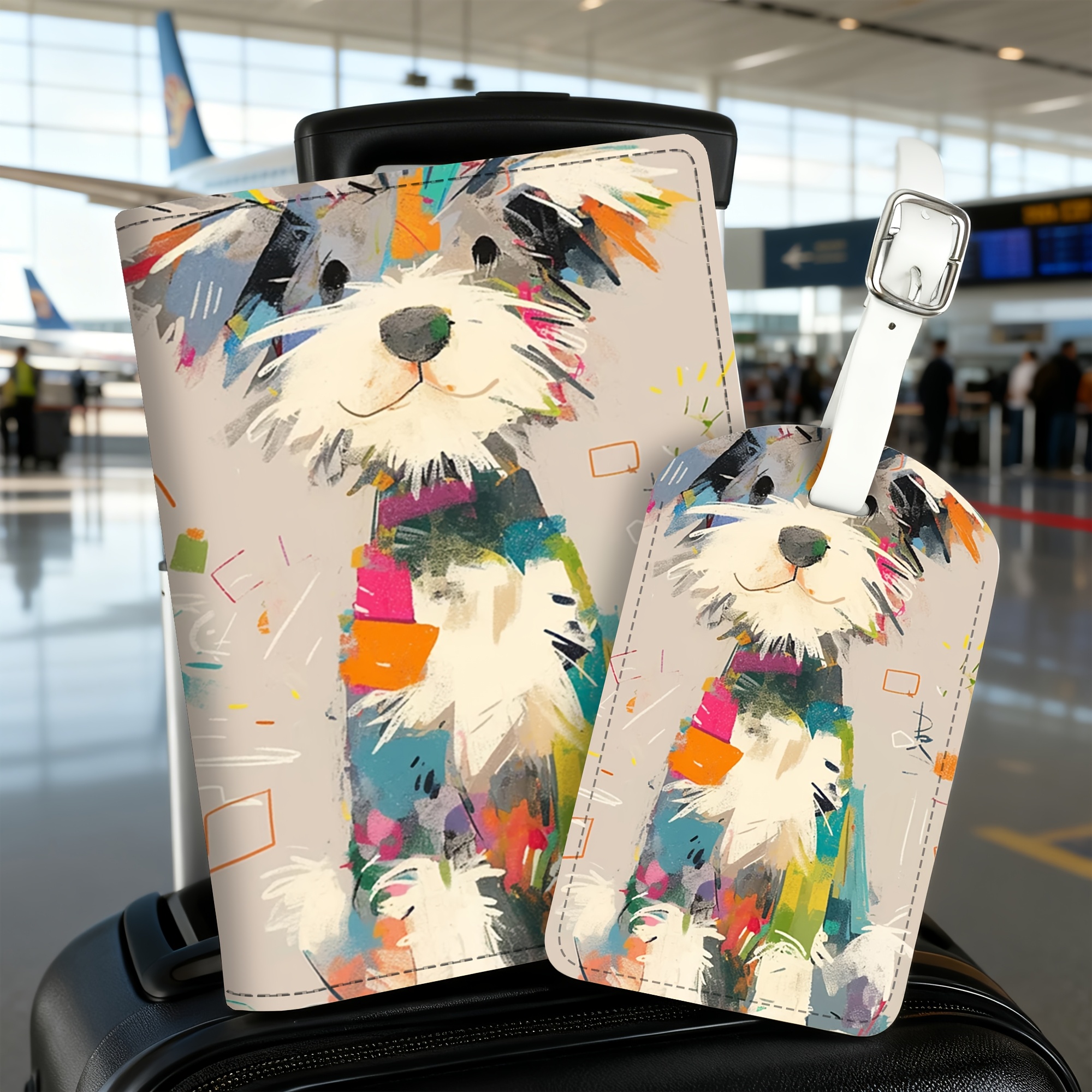 TEMU 2pcs Set Colorful Abstract Dog Pattern Passport Holder And Luggage Tag, Lightweight Pu Material, Suitable For Travel Bags, Backpacks, Gym Bags,