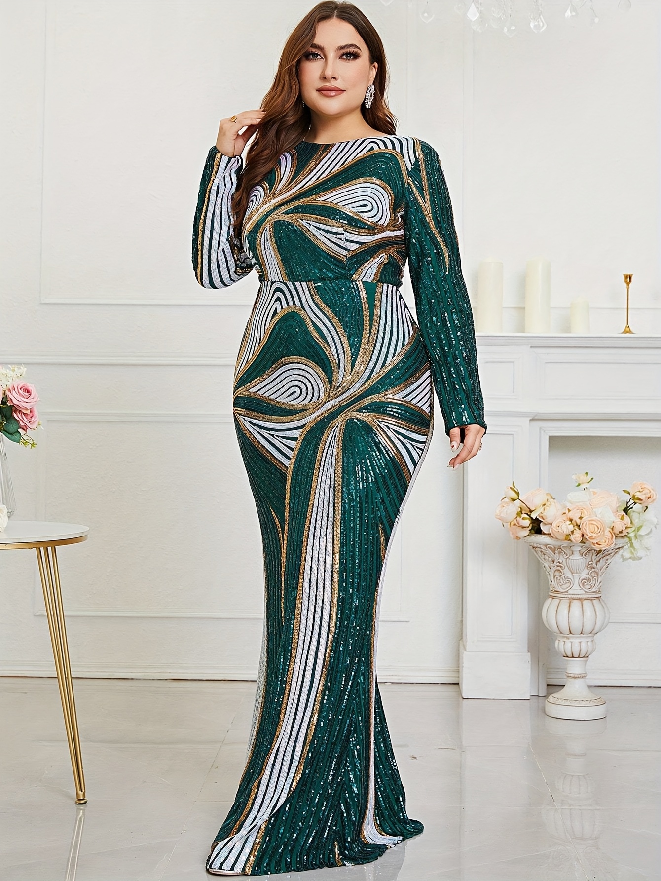 elegant green long sleeve backless geometric sequin evening - Temu Mauritius
