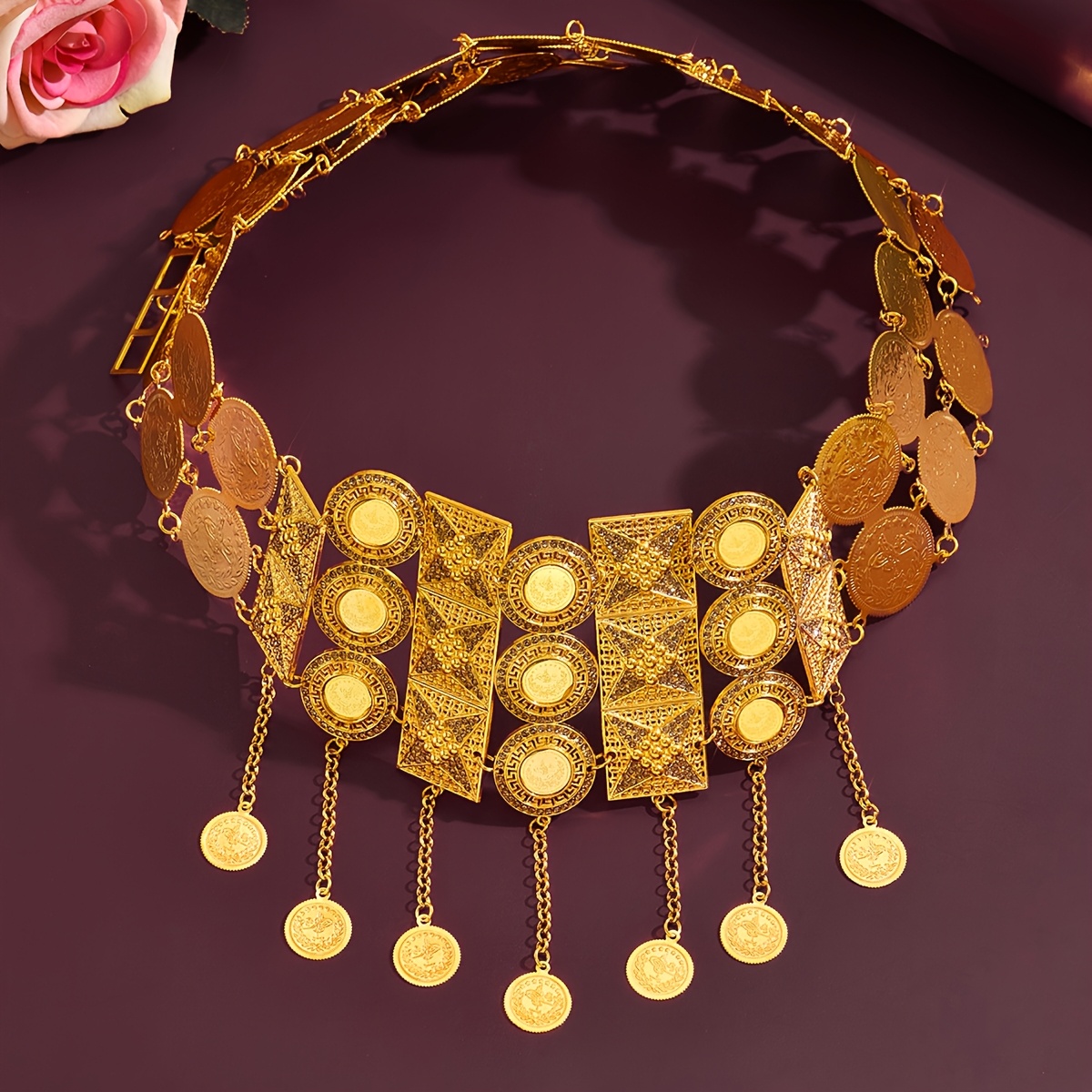 Image of A Vintage Floral Coin-shaped Tassel Belt With Geometric Patterns And Hollow Inlay Design, Adjustable Length, Suitable For Brides , Banquets, And Stage Performances