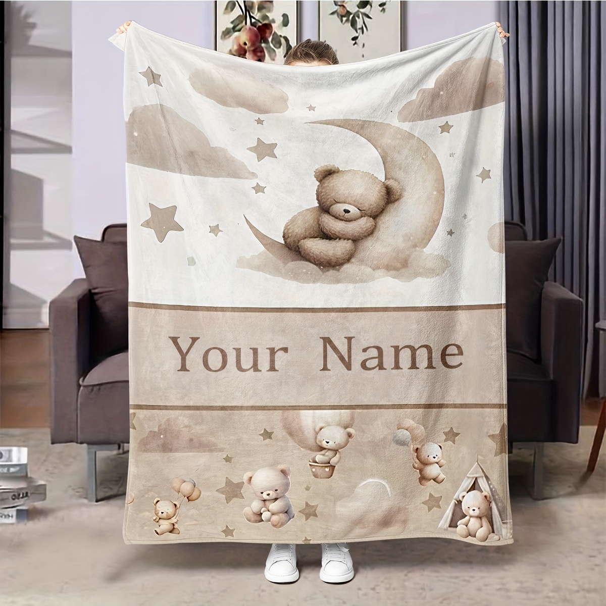 

1pc Name Blanket - Personalized Bear & Pattern, Contemporary , , Pattern, Flannel , , 250-300gsm, Knitted, For / Napping, Theme