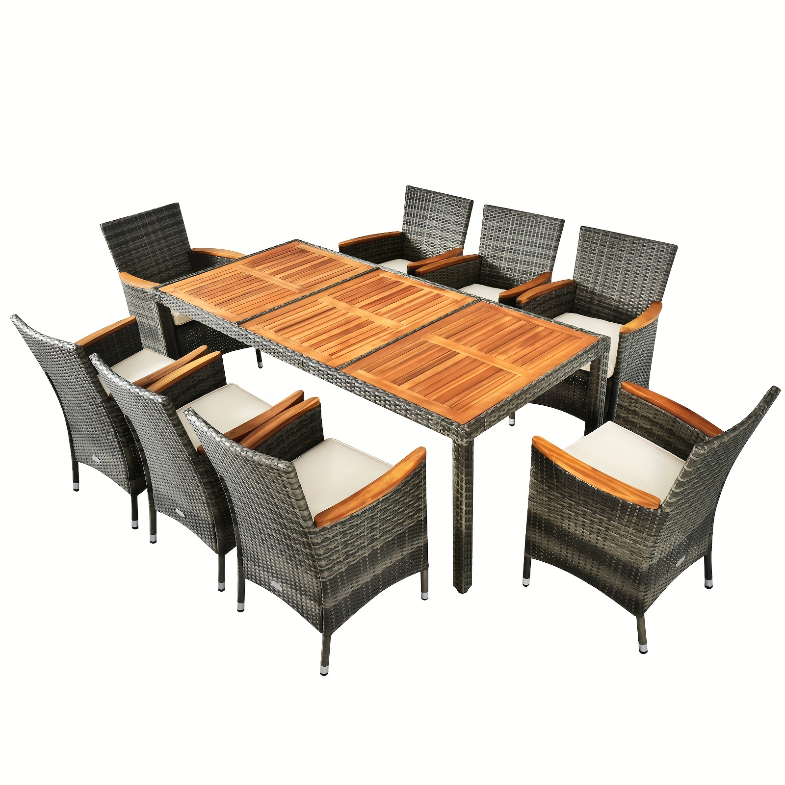 

9pcs Patio Rattan Dining Set Acacia Wood Table Cushioned Chair - Mix Gray