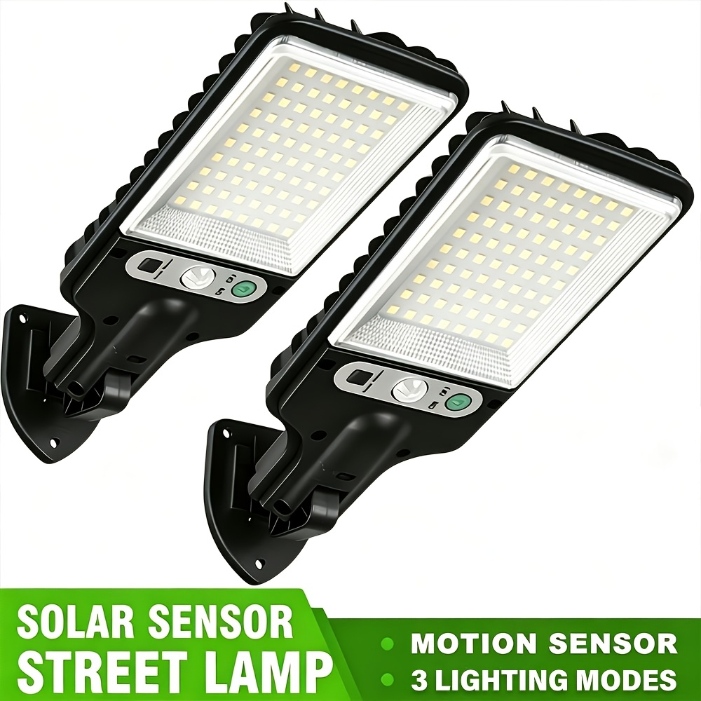TEMU Juego de 2 farolas solares de exterior con sensor de movimiento, luz de pared solar de seguridad de 80 LED, 3 de iluminación, encendido/apagado