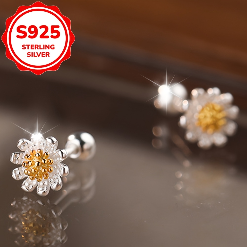 TEMU 2pcs Women's Fashion Stud Earrings, S925 Sterling Silvery Small Daisy Flower Stud Earrings, Korean Style, Fresh And Sweet, Simple Threaded Screw