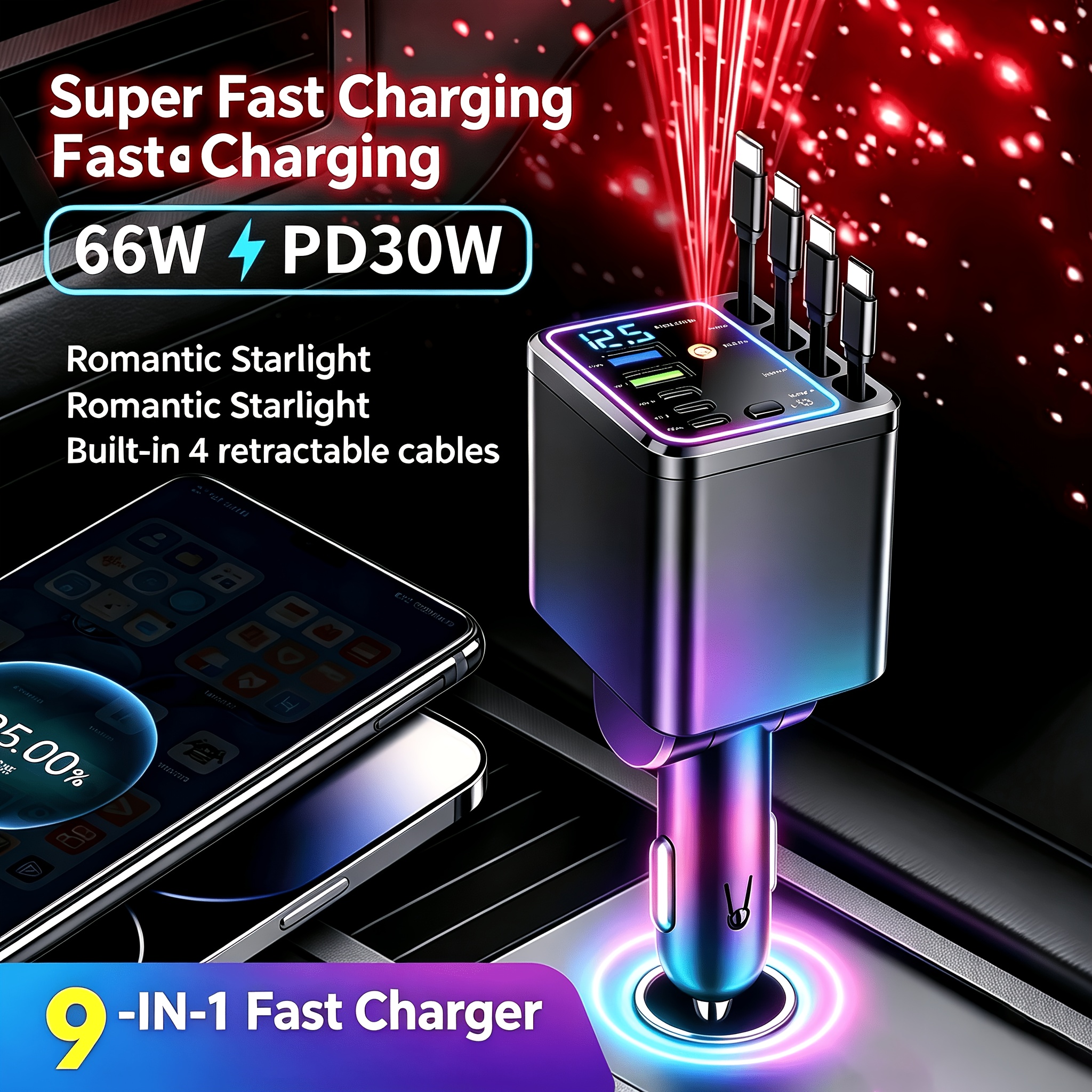 TEMU Super Fast Charging 9-in-1 Car Charger, With 4 Extendable Fast Charging Cables, 180 ° Angle Adjustment, Led Digital Display Screen, Easy To