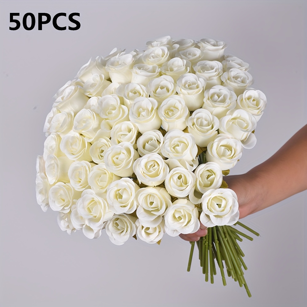 E-shop 50-Stiel weißer Miniatur--Strauß aus künstlichen Rosen, realistische künstliche Rosenköpfe, geeignet für Vasenarrangements, Büro, Zuhause,