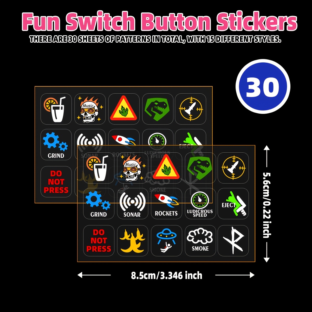 TEMU 30pcs Car Interior And Button Stickers, 30pcs Different Patterns, Self-adhesive Convenient, No Damage To Interior And Car Paint, Cute Diverse