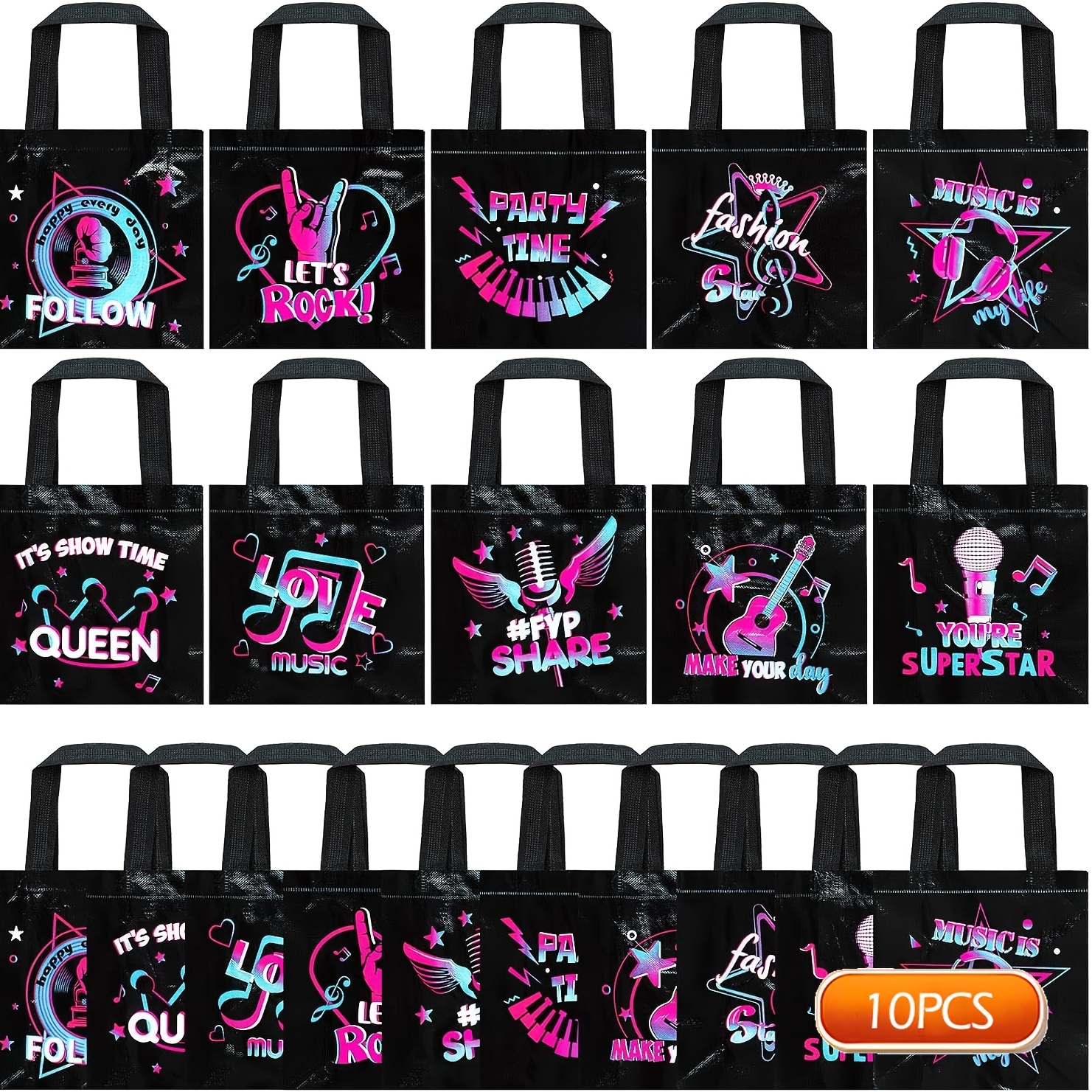 TEMU Gift For Her/him Set Of 10 Music-themed Party Bags, Vibrant Neon Non-woven With Handles, Perfect For Birthday Celebrations, Concerts, Musicians,