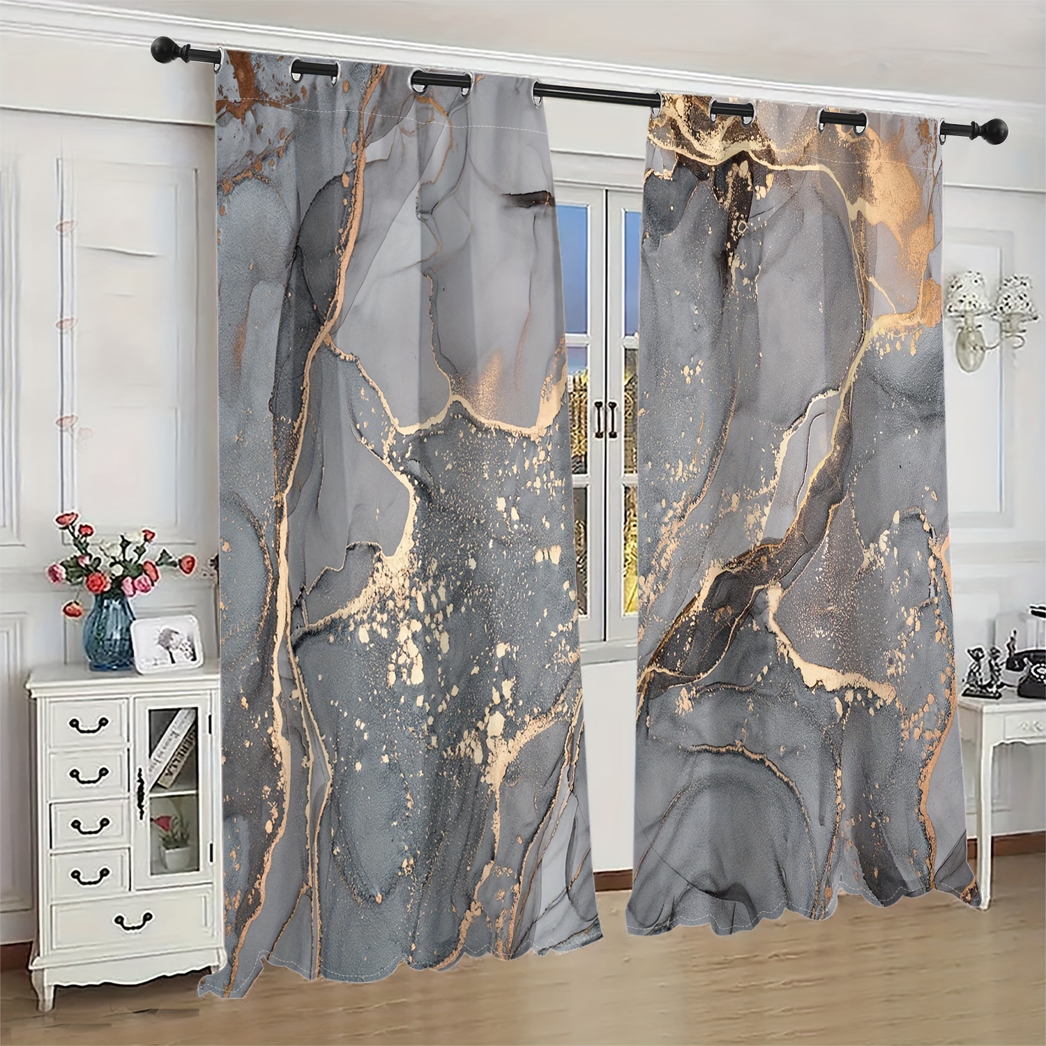 2pcs Elegant Nordic-inspired Marble Curtains With Accents, Semi-transparent Polyester, Machine Washable - Living Room Decor, Curtains For Living Room