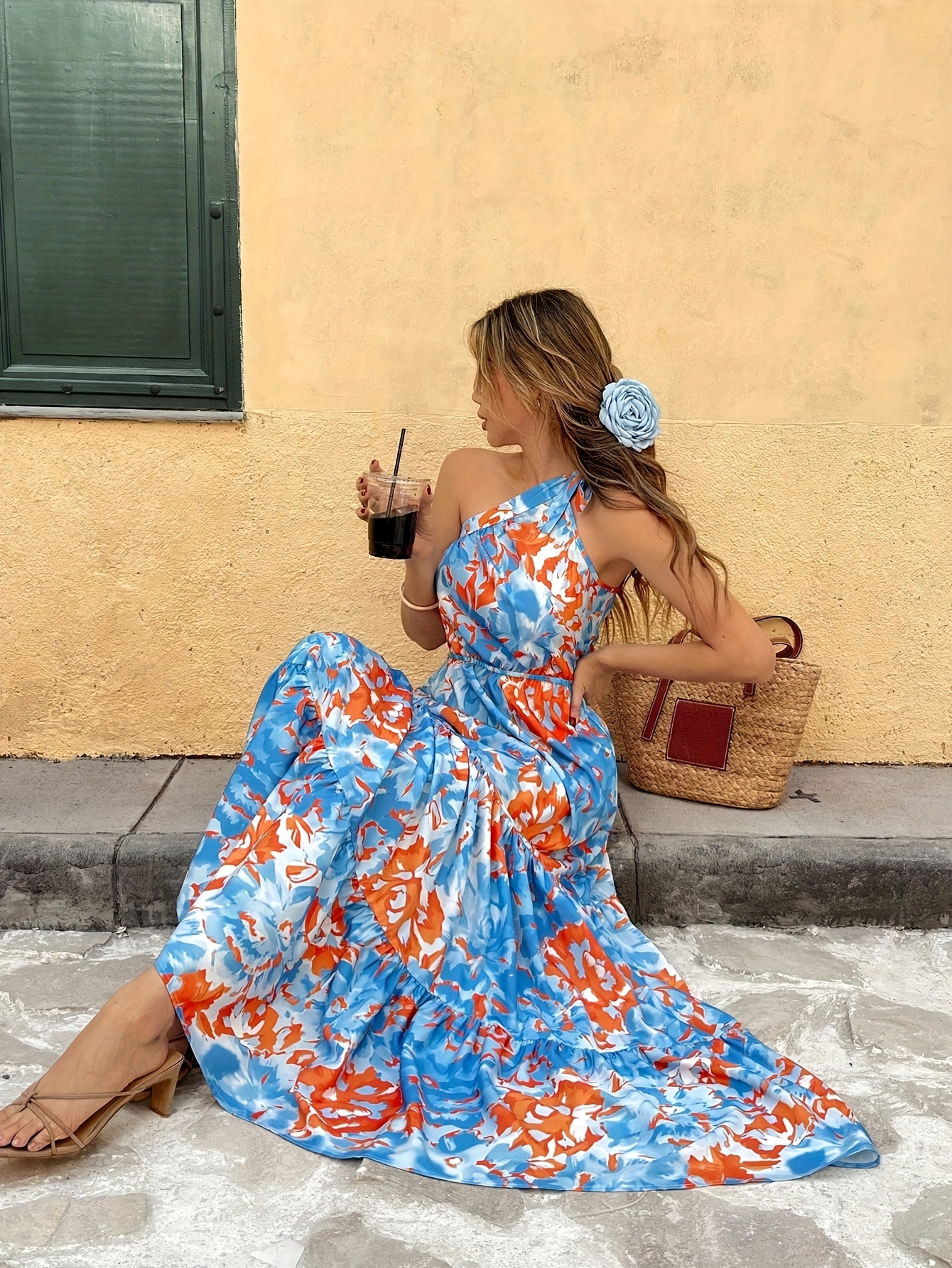 blue dress for baby girl Rachel Zoe Women's Floral Print Asymmetric Cascading Ruffle Midi Dress (Black, 8) main image 0